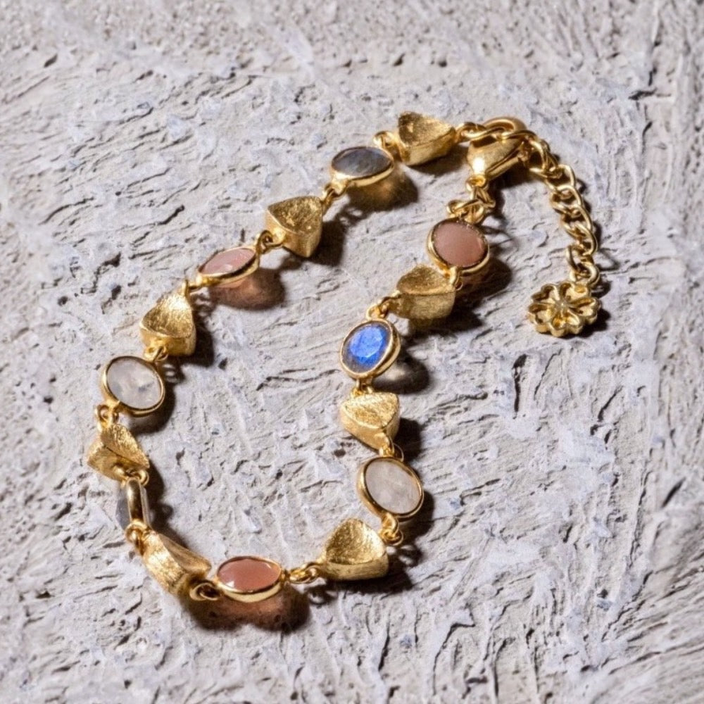 Gold Sara Mixed Gemstone Bracelet: Peach Moonstone, Labradorite &amp; Moonstone