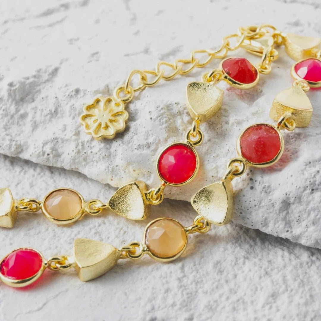 Sara Mixed Gemstone Bracelet: Fuchsia Onyx, Quartzite &amp; Peach Moonstone