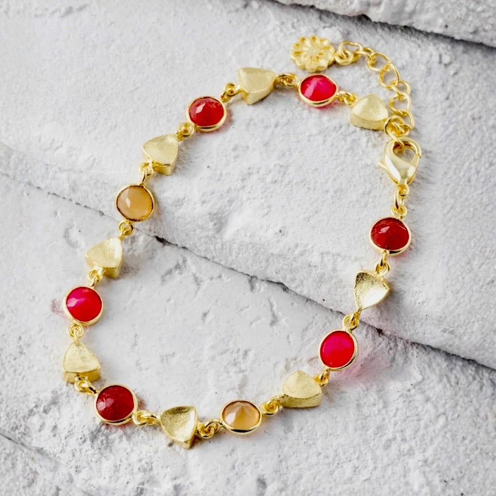 Sara Mixed Gemstone Bracelet: Fuchsia Onyx, Quartzite &amp; Peach Moonstone