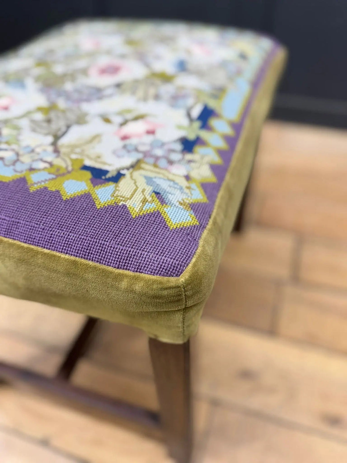 Antique Victorian Needlepoint Upholstered Stool with Mahogany Legs