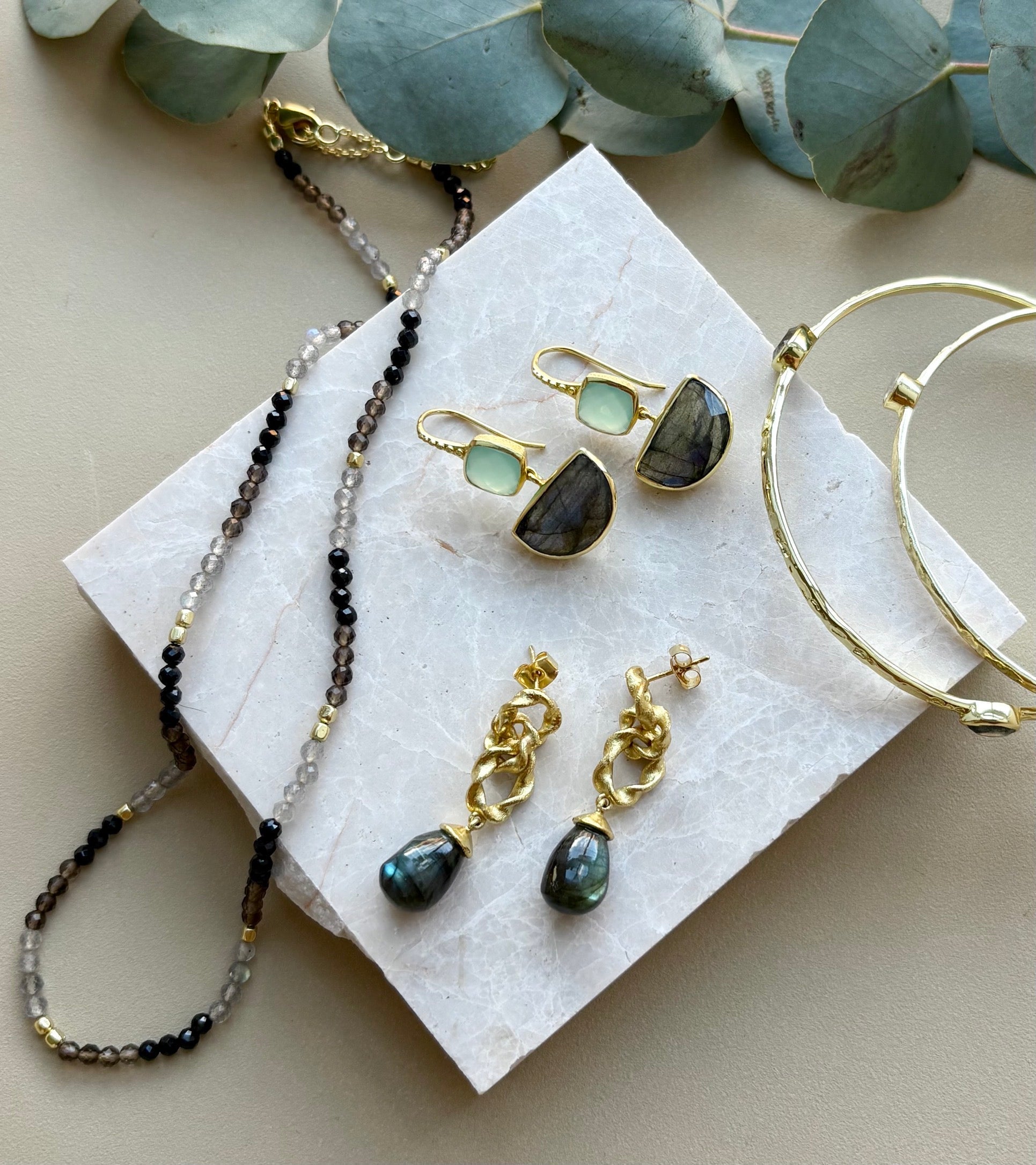 Mixed Gemstone Beaded Necklace with Black Onyx, Smoky Quartz and Labradorite