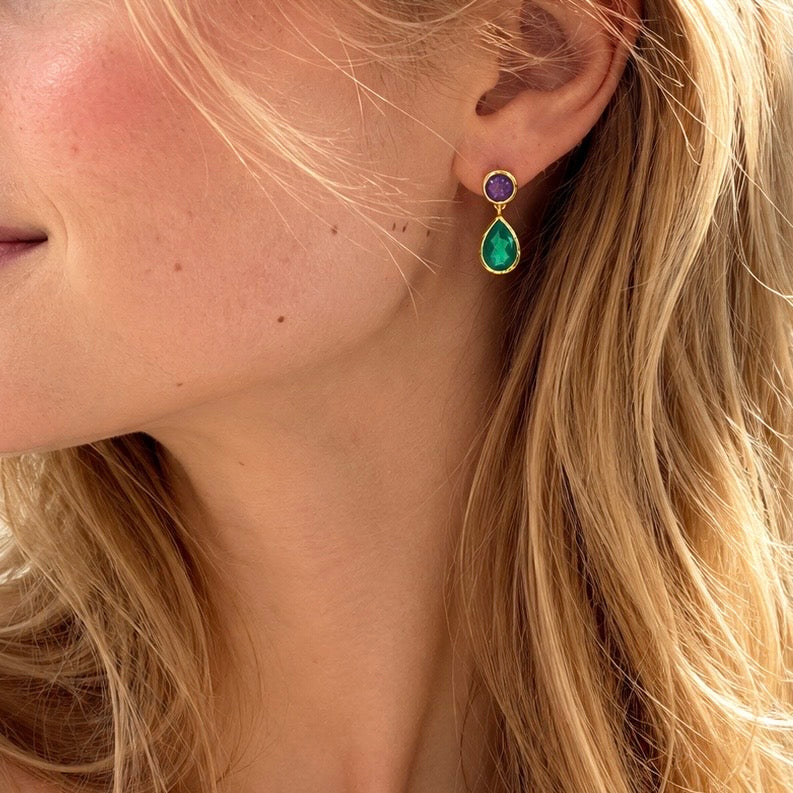 Iris Double Gemstone Drop Earrings with Amethyst &amp; Green Onyx