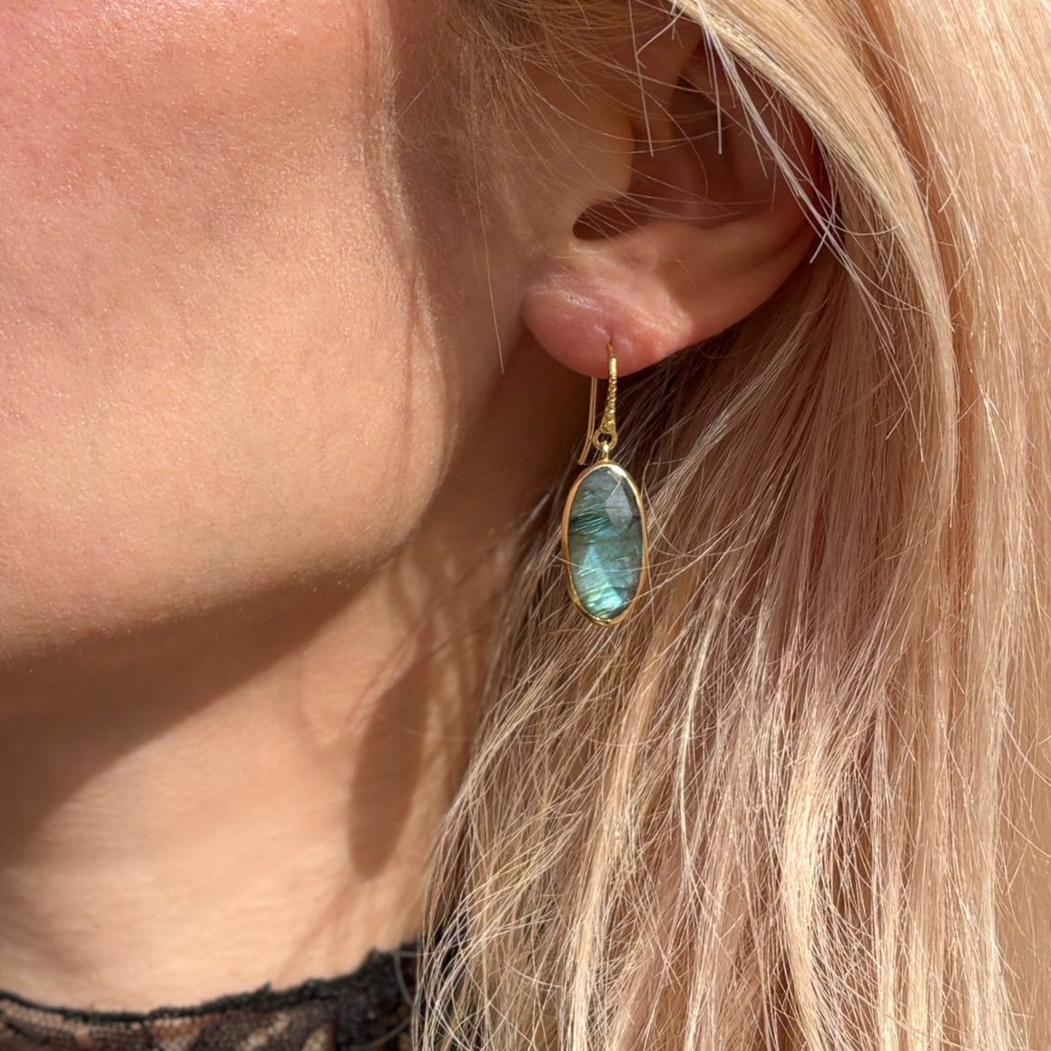 Oval Labradorite Drop Earrings in Gold