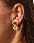 Thea Hexagon Gemstone Stud Earrings with Ornate Coins: Pyrite with Crystal
