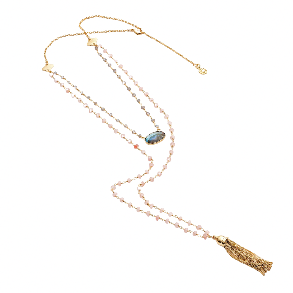 Athena Gemstone Layered Tassel Necklace : Labradorite &amp; Pink Chalcedony