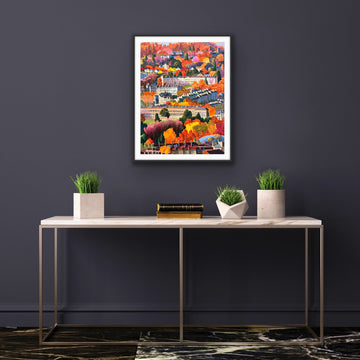 Luxury Kingswood Bath landscape art print, premium giclee reproduction of Michael Sutherland original painting, autumnal cityscape with Royal Crescent by Michael Sutherland Art at brixbailey.com