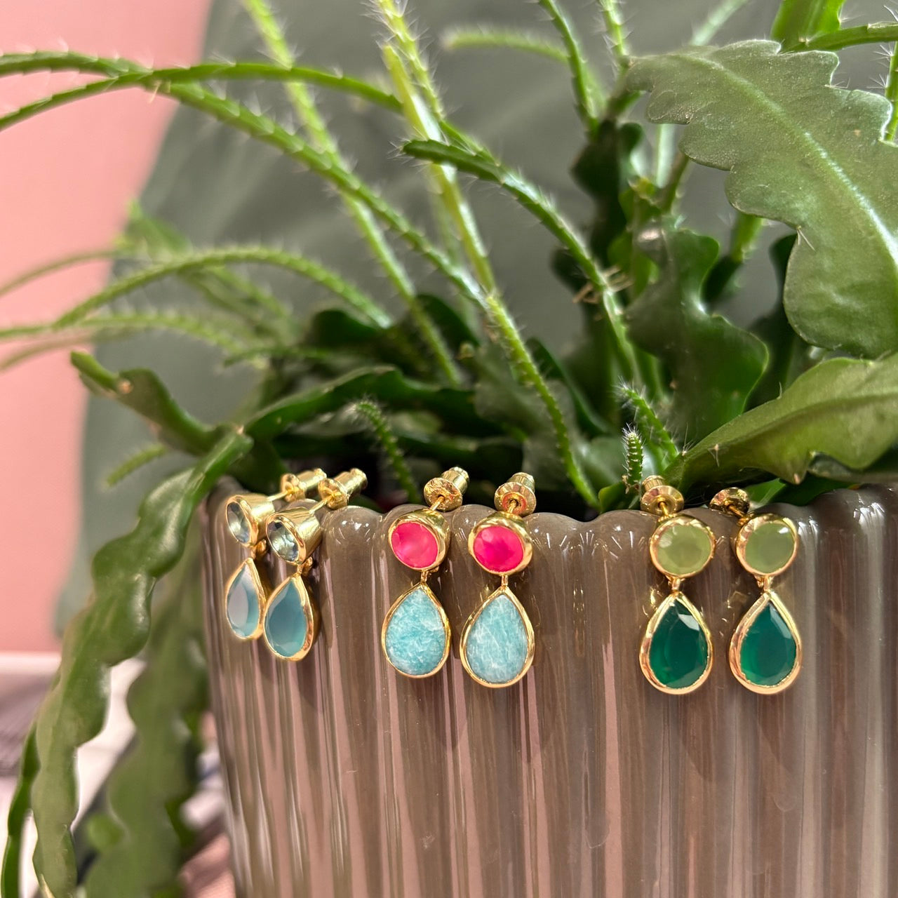 Gold Double Gemstone Drop Earrings with Pariba Onyx and Iolite