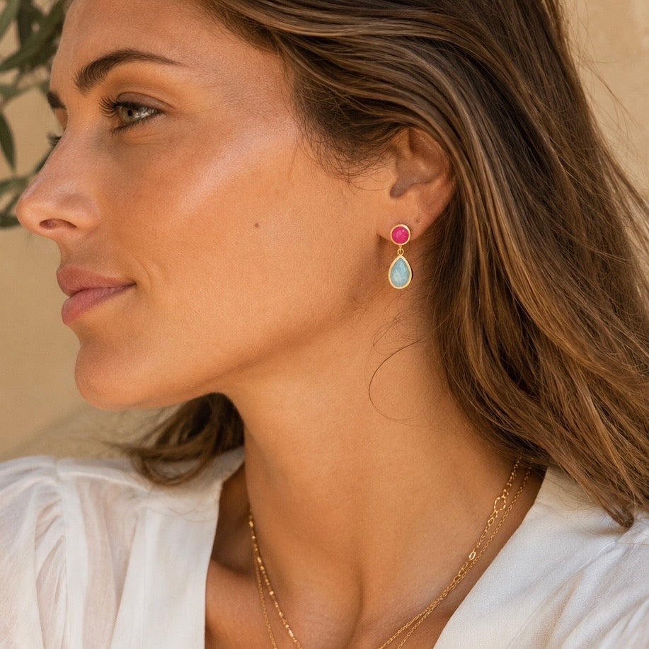 Iris Double Gemstone Drop Earrings with Fuchsia Onyx &amp; Amazonite