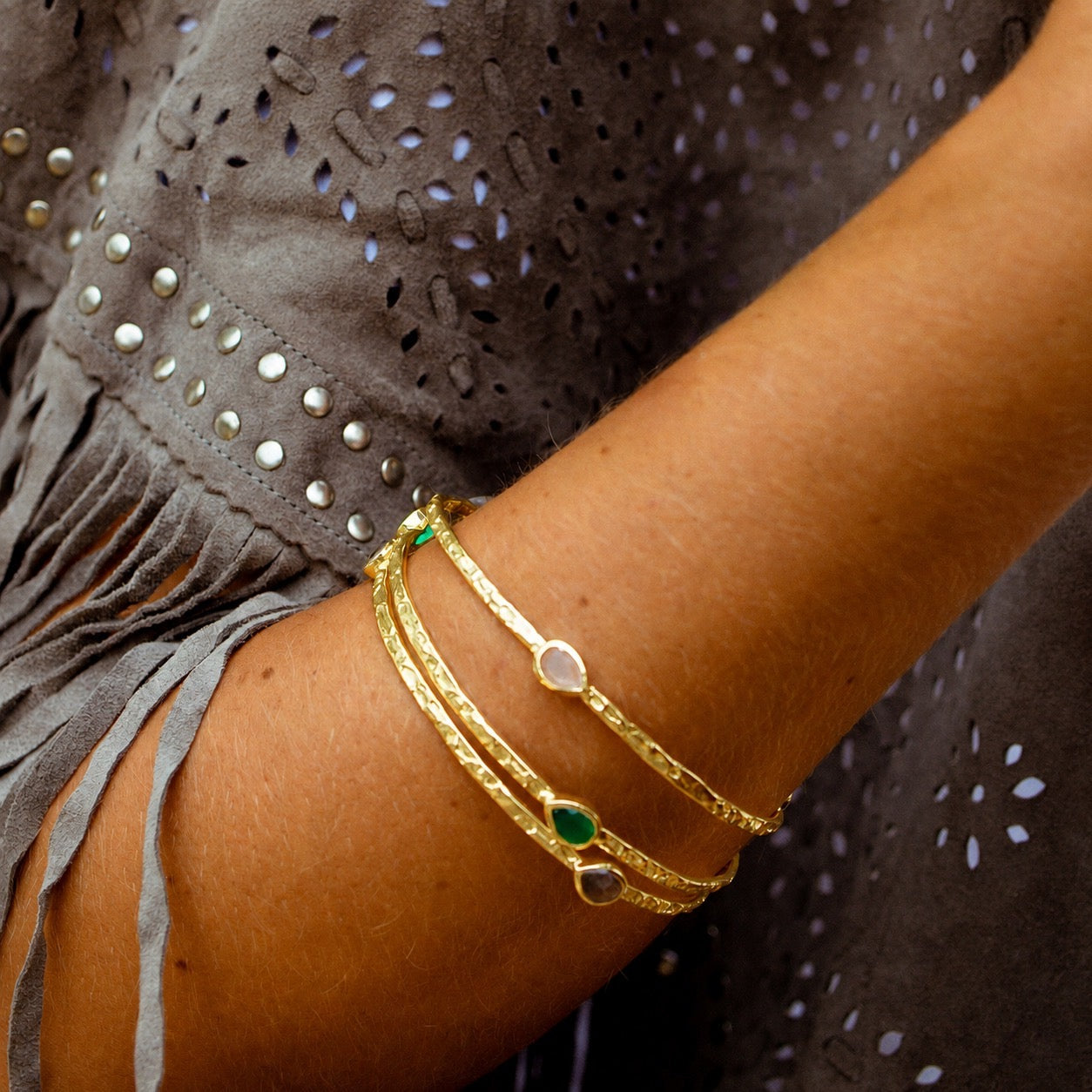 Simi Three Stone Stacking Bangle Rainbow Moonstone