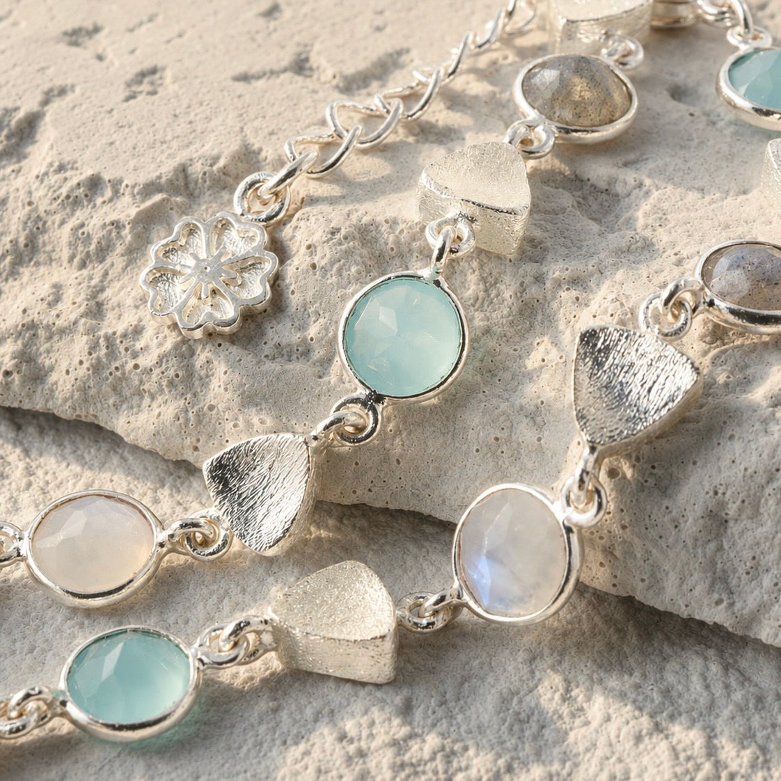 Silver Sara Mixed Gemstone Nugget Bracelet Pariba Onyx, Labradorite &amp; Moonstone