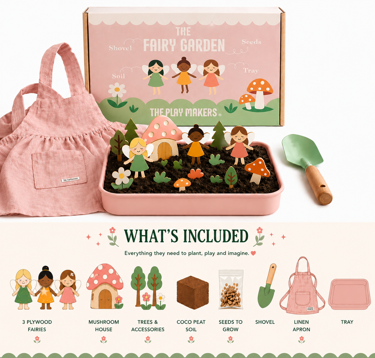 Fairy Gardening Kit for kids | Sensory Play set with Apron,Tray, Shovel, Fairies, Soil &amp; Seeds | The Playmakers Co