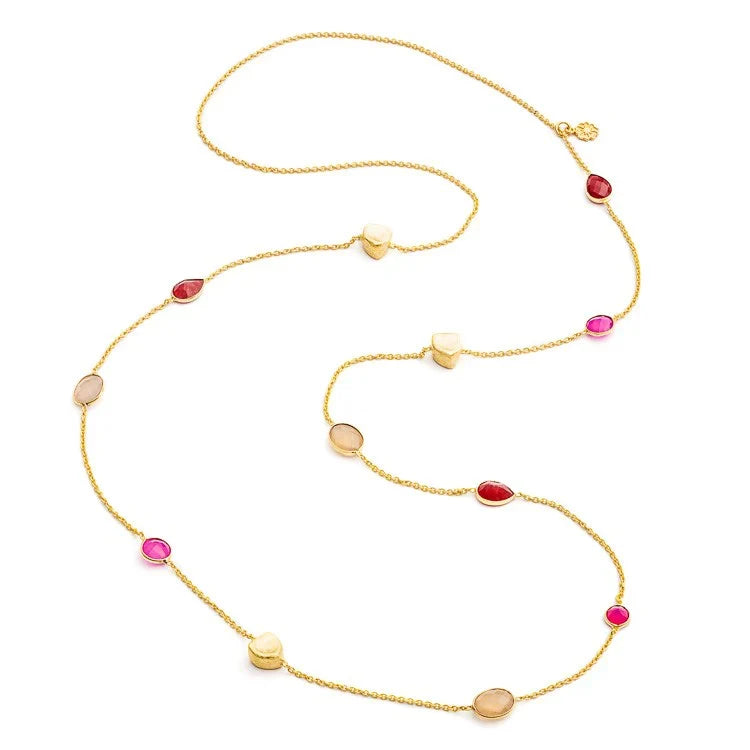Penelope Multi-Stone Necklace: Fuchsia Onyx, Peach Moon stone &amp; Red Jade