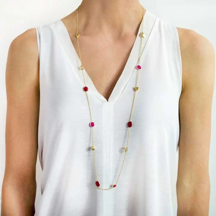 Penelope Multi-Stone Necklace: Fuchsia Onyx, Peach Moon stone &amp; Red Jade