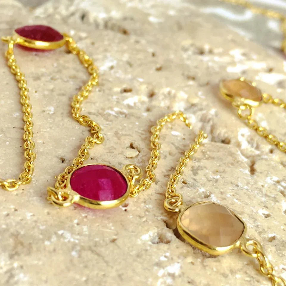 Penelope Multi-Stone Necklace: Fuchsia Onyx, Peach Moon stone &amp; Red Jade