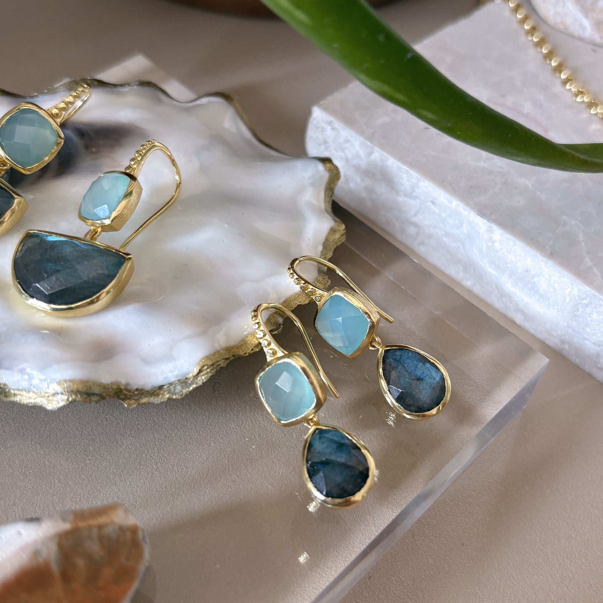 Charis Double Gemstone Earrings Pariba Onyx &amp; Labradorite