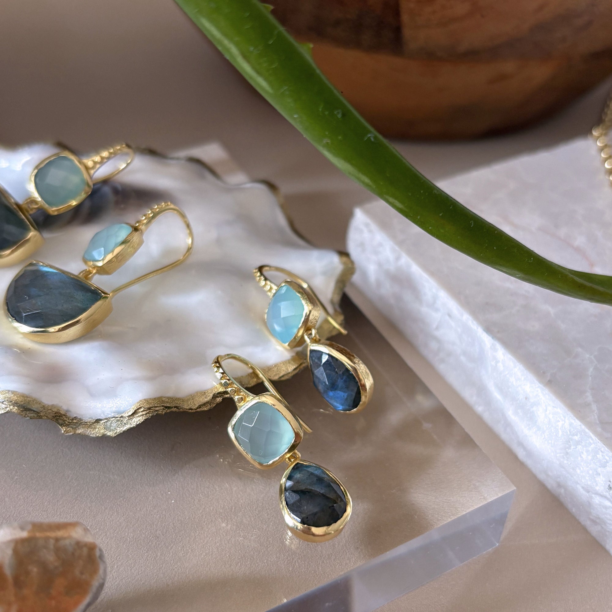 Charis Double Gemstone Earrings Pariba Onyx &amp; Labradorite