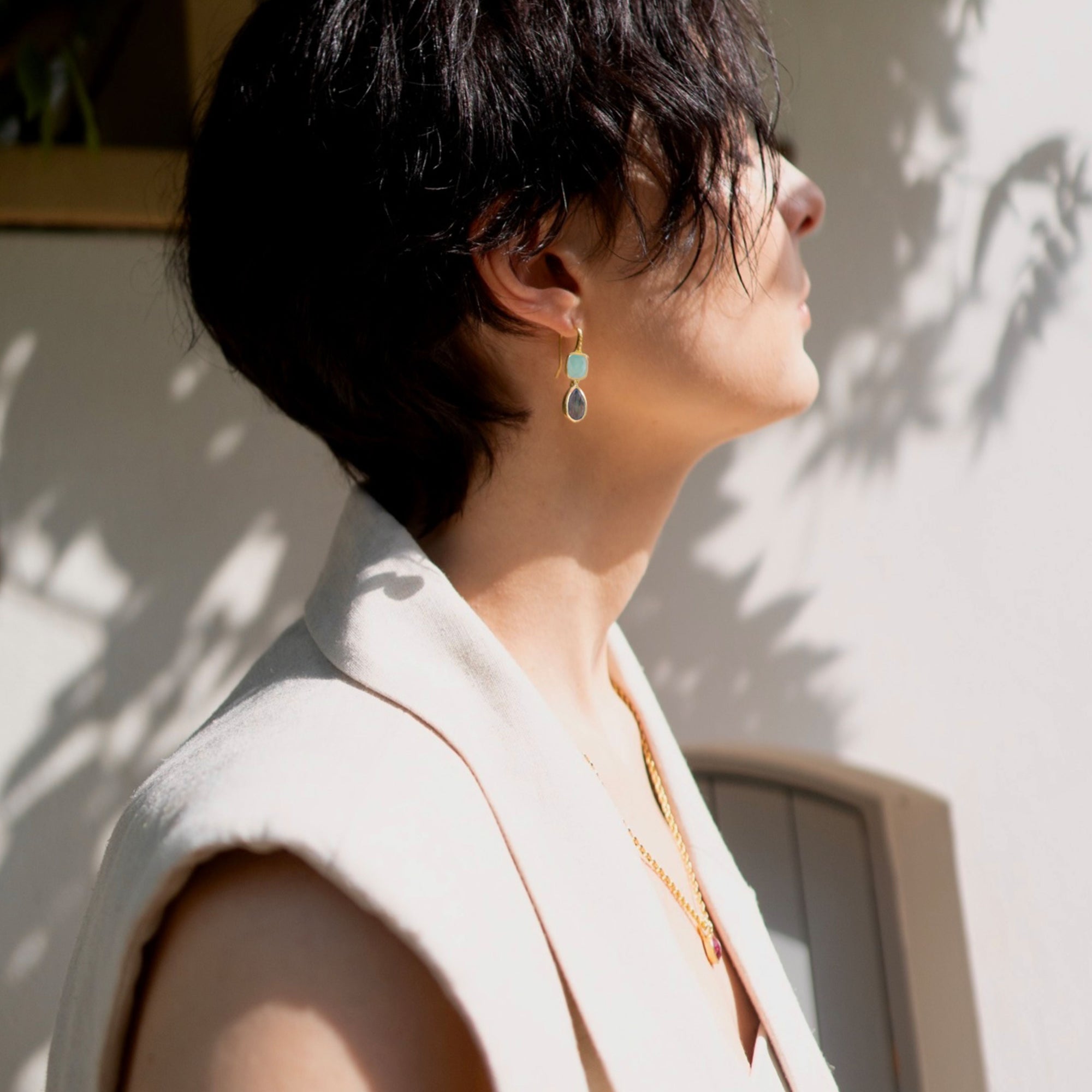 Charis Double Gemstone Earrings Pariba Onyx &amp; Labradorite