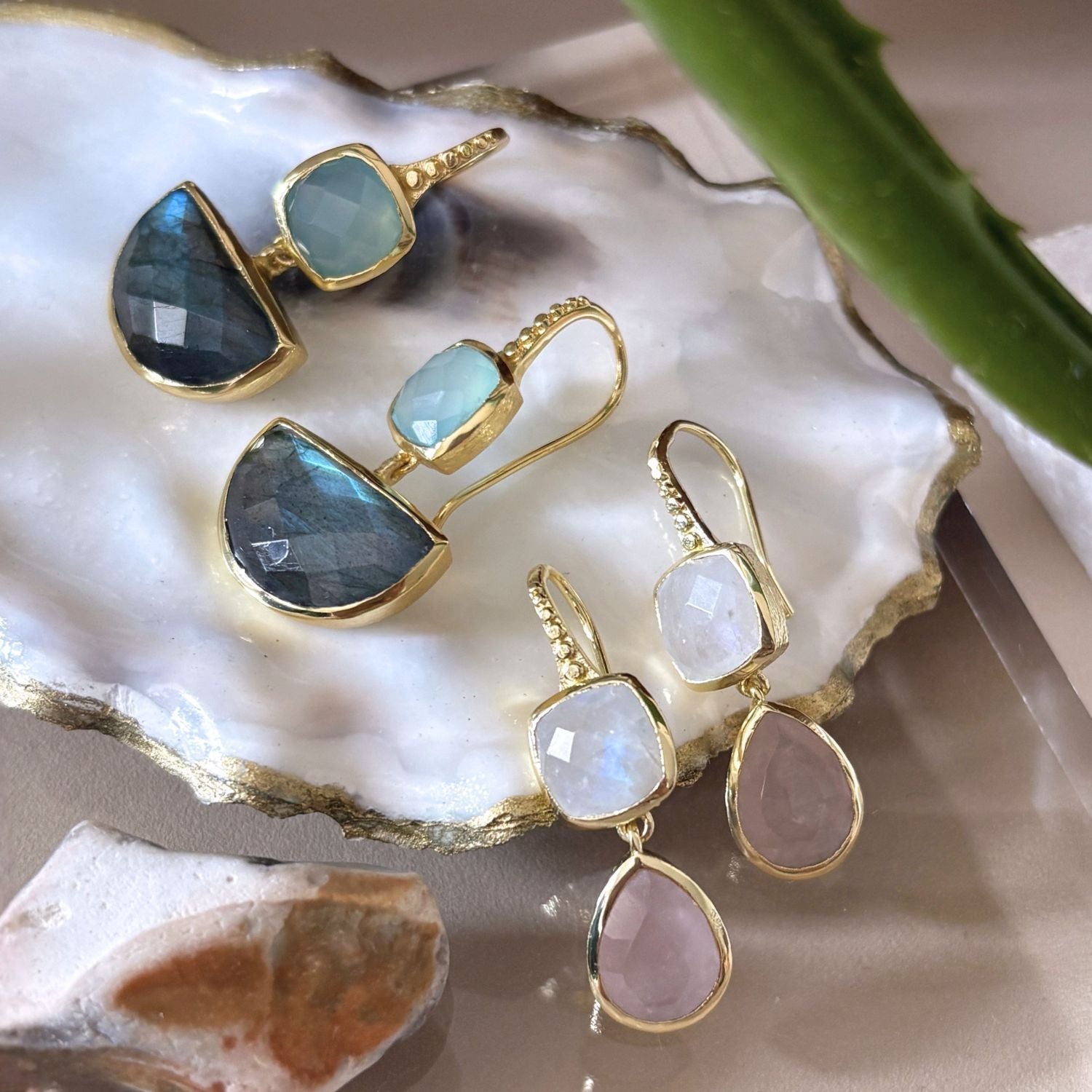 Charis Halfmoon Double Gemstone Earrings Pariba Onyx &amp; Labradorite