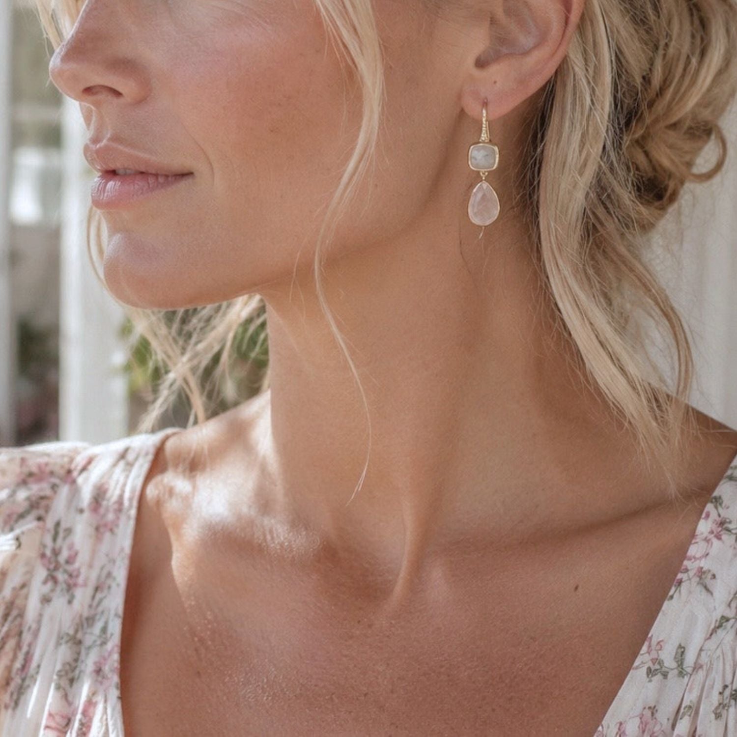 Charis Double Gemstone Earrings Moonstone &amp; Rose Quartz