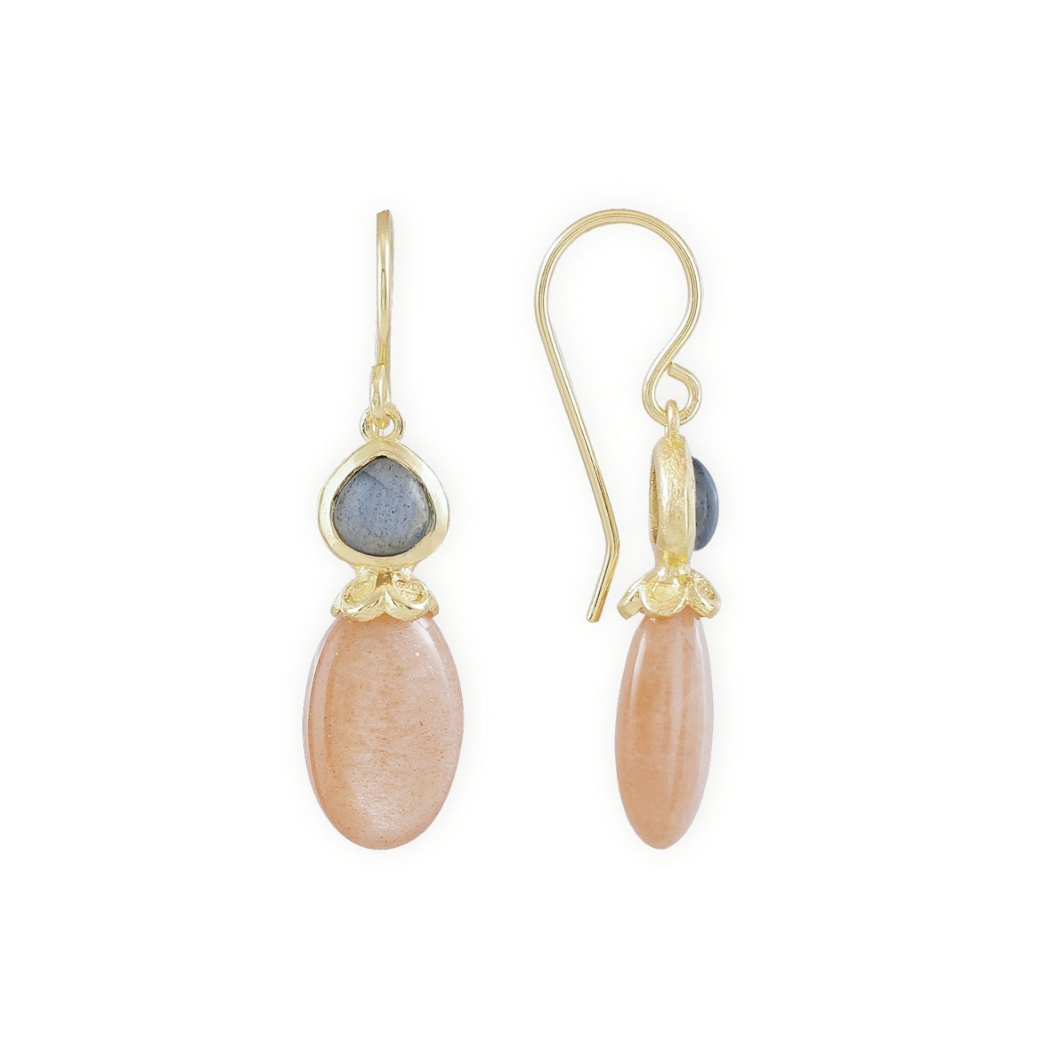 Persephone Double Gemstone Earrings Peach Moonstone &amp; Labradorite