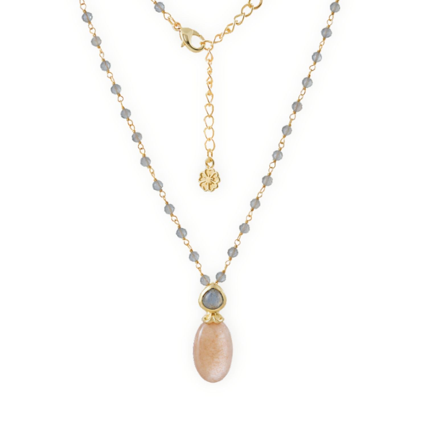 Persephone Double Gemstone Beaded Chain Necklace Peach Moonstone &amp; Labradorite
