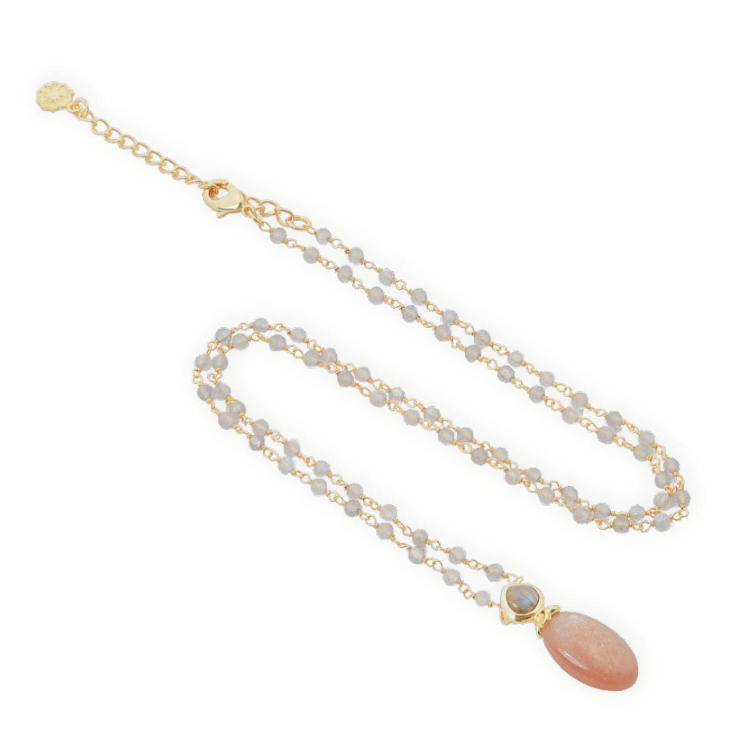 Persephone Double Gemstone Beaded Chain Necklace Peach Moonstone &amp; Labradorite