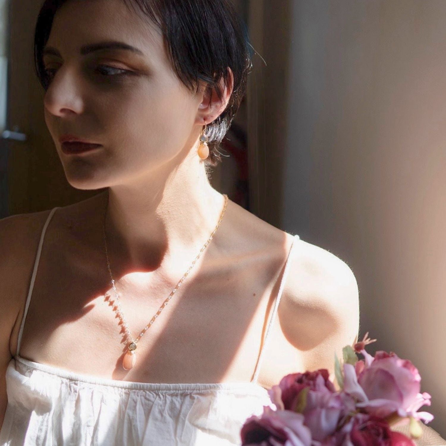 Persephone Double Gemstone Earrings Peach Moonstone &amp; Labradorite