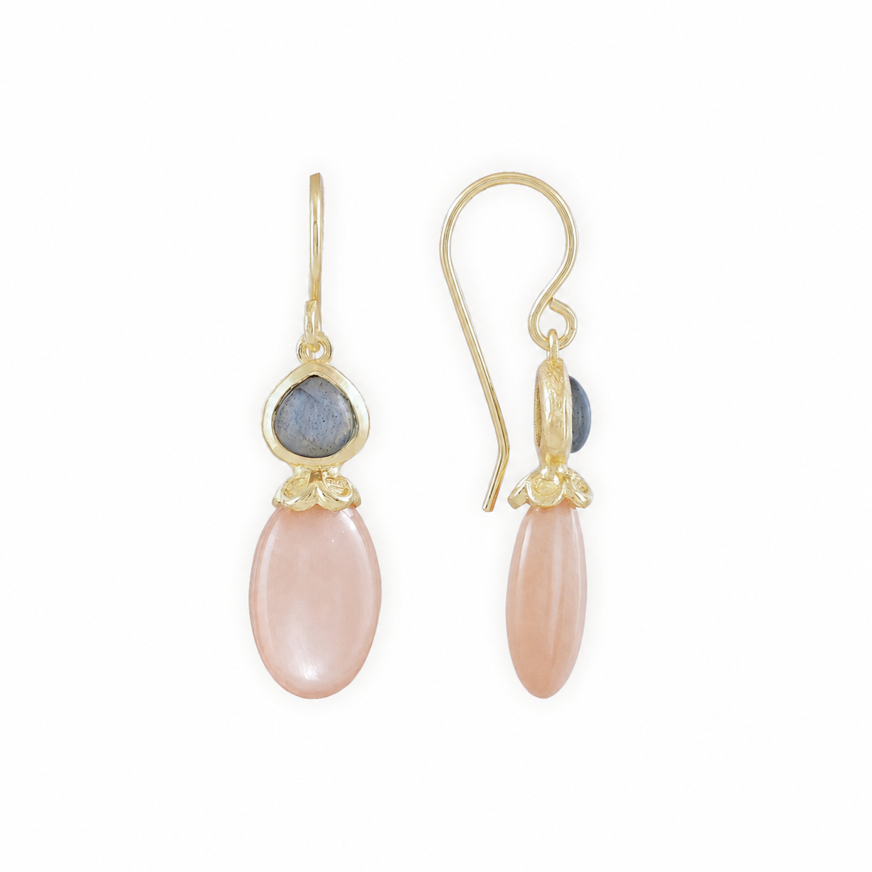 Persephone Double Gemstone Earrings Peach Moonstone &amp; Labradorite