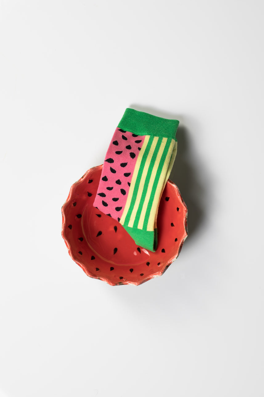 Spring-inspired watermelon socks, fun corn and watermelon designs, premium cotton blend for comfort, best-selling mens socks size 40-45 by Body and I at brixbailey.com