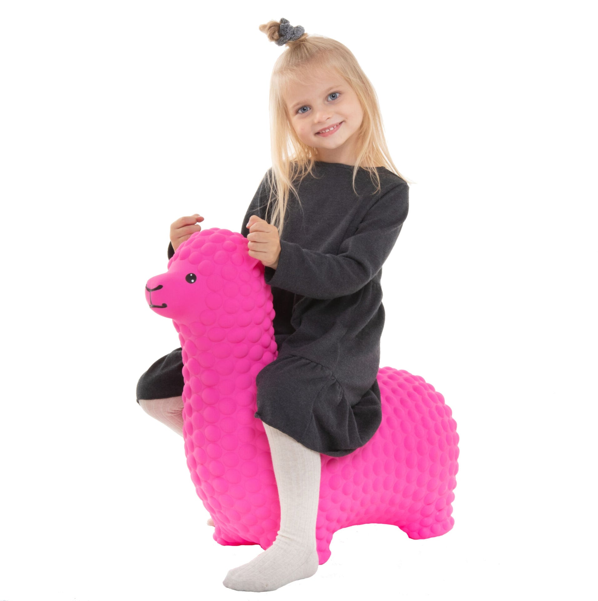 bold pink alpaca jumpy toy ready for action on a bright background