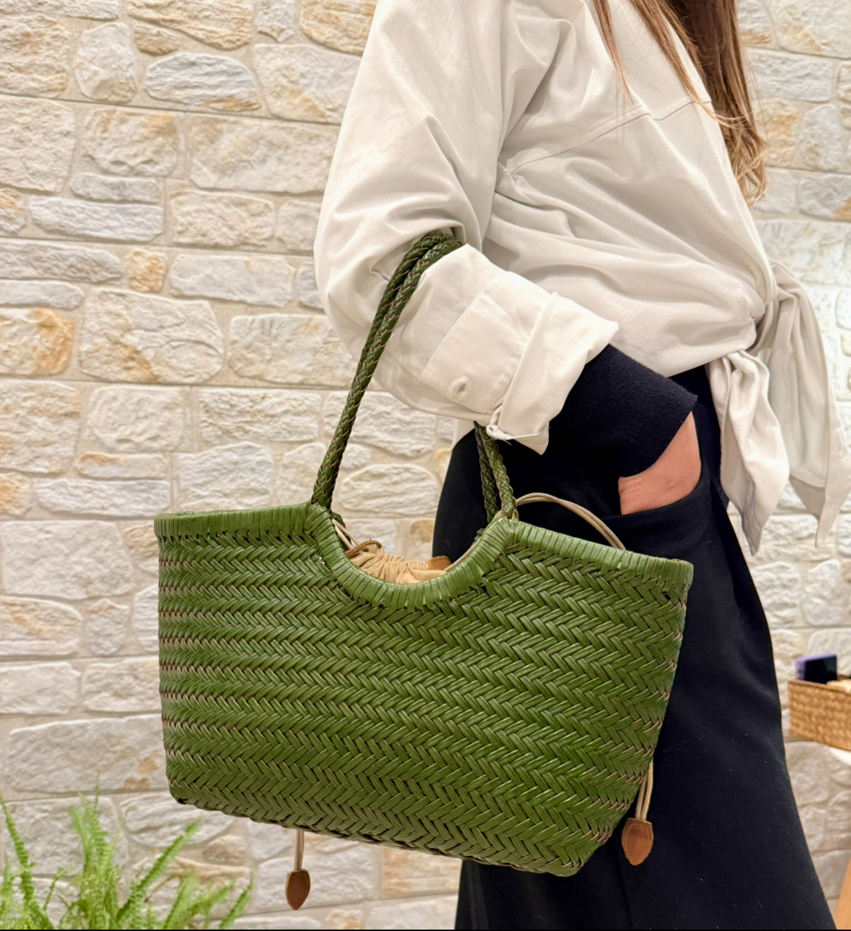 Carmel - Genuine Leather U Shape Handwoven Tote Bag Green