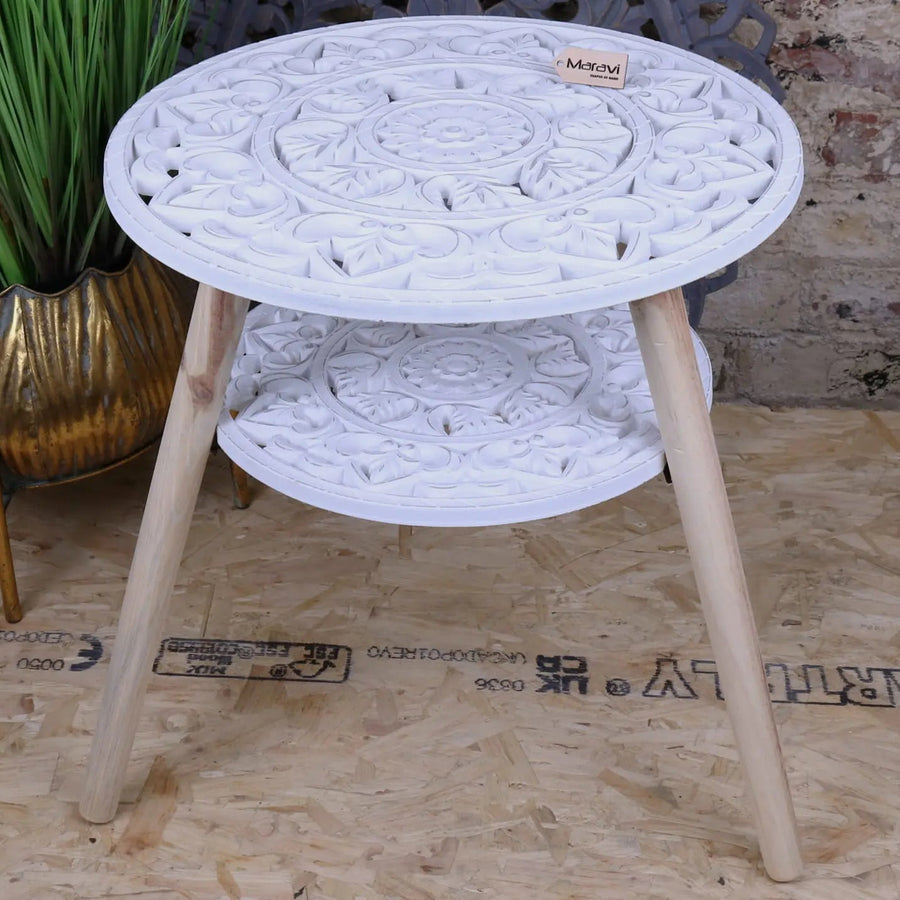 Elysian Bloom two-tier shabby chic side table, vintage white floral cut-out design, premium pine wood and MDF, stylish home decor accent by Maravi at brixbailey.com