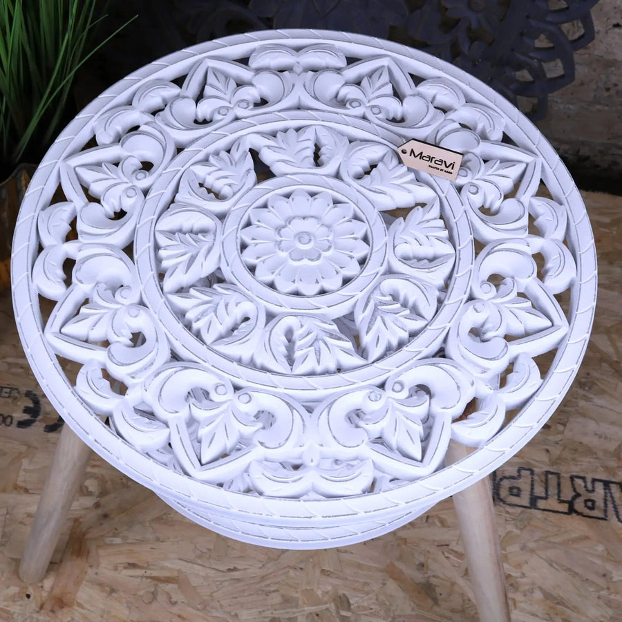 Luxury Elysian Bloom two-tier shabby chic side table, vintage white floral cut-out design, stylish home decor accent by Maravi at brixbailey.com