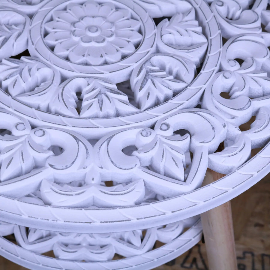 Elysian Bloom two-tier shabby chic side table, vintage white floral cut-out design, premium pine wood and MDF, stylish home decor accent by Maravi at brixbailey.com