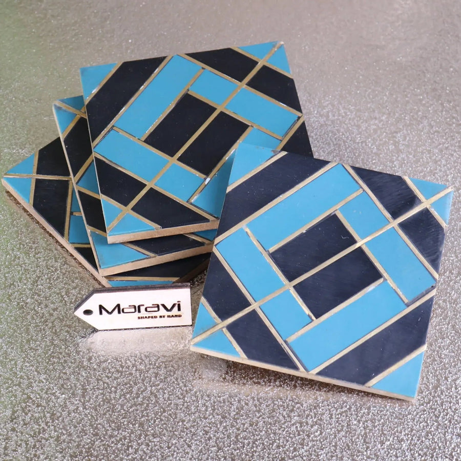 Premium Panna Luxe resin coaster set, luxury 4-piece blue or green coasters for stylish dining decor by Maravi at brixbailey.com