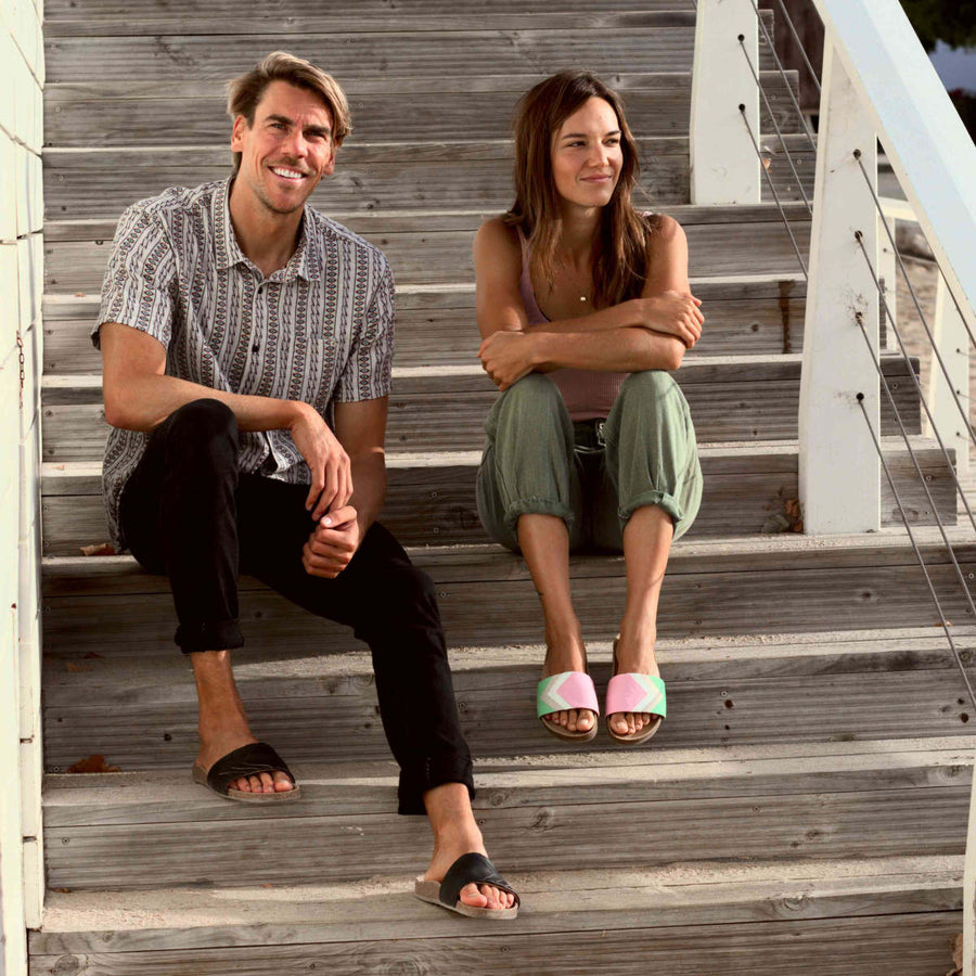 Premium vegan sandals in strawberry pink, white, nude, mint, with ergonomic footbed, slip-resistant sole, fair European fashion by Fünve at brixbailey.com