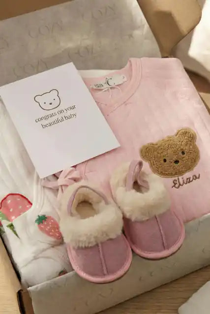 The Cozy Pink Boucle Baby Bear &amp; Strawberry Personalised Gift Box