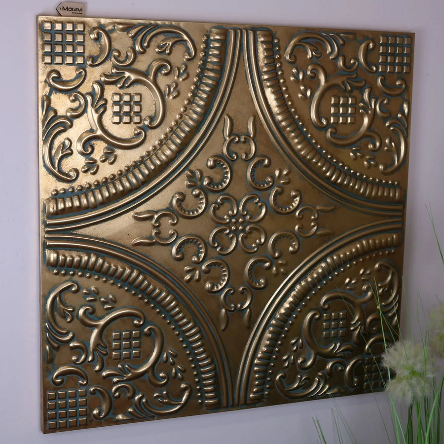 Luxury Pushkar Majesty gold metal wall art, premium handcrafted antique gold finish, ornate square decor, best-selling regal home decor by Maravi at brixbailey.com