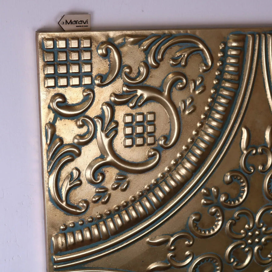Pushkar Majesty gold metal wall art, premium handcrafted antique gold finish, luxury ornate square decor, best-selling Indian inspired home decor by Maravi at brixbailey.com