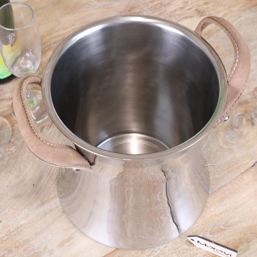 Navin luxury champagne ice bucket, double wall aluminum, sleek silver finish, premium leather handles, elegant round design by Maravi at brixbailey.com