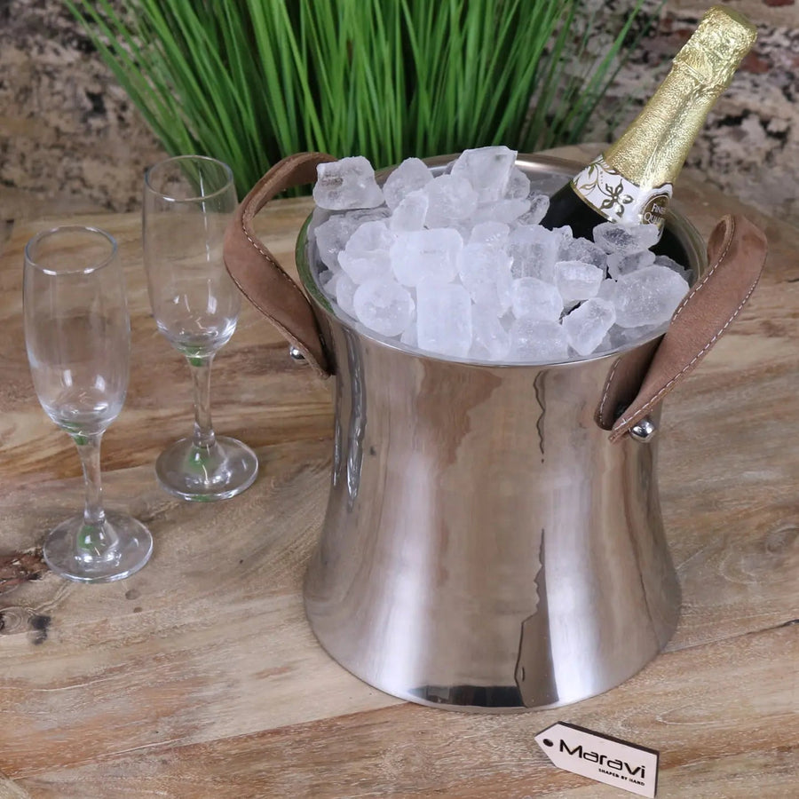 Luxury Navin champagne ice bucket, premium double wall aluminum, stylish silver finish, elegant leather handles, best-selling compact design by Maravi at brixbailey.com