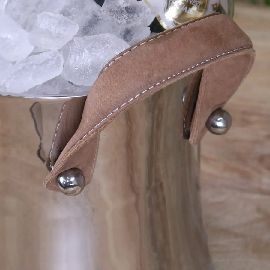 Luxury Navin champagne ice bucket, double wall aluminum, sleek silver finish, premium leather handles, elegant round design by Maravi at brixbailey.com