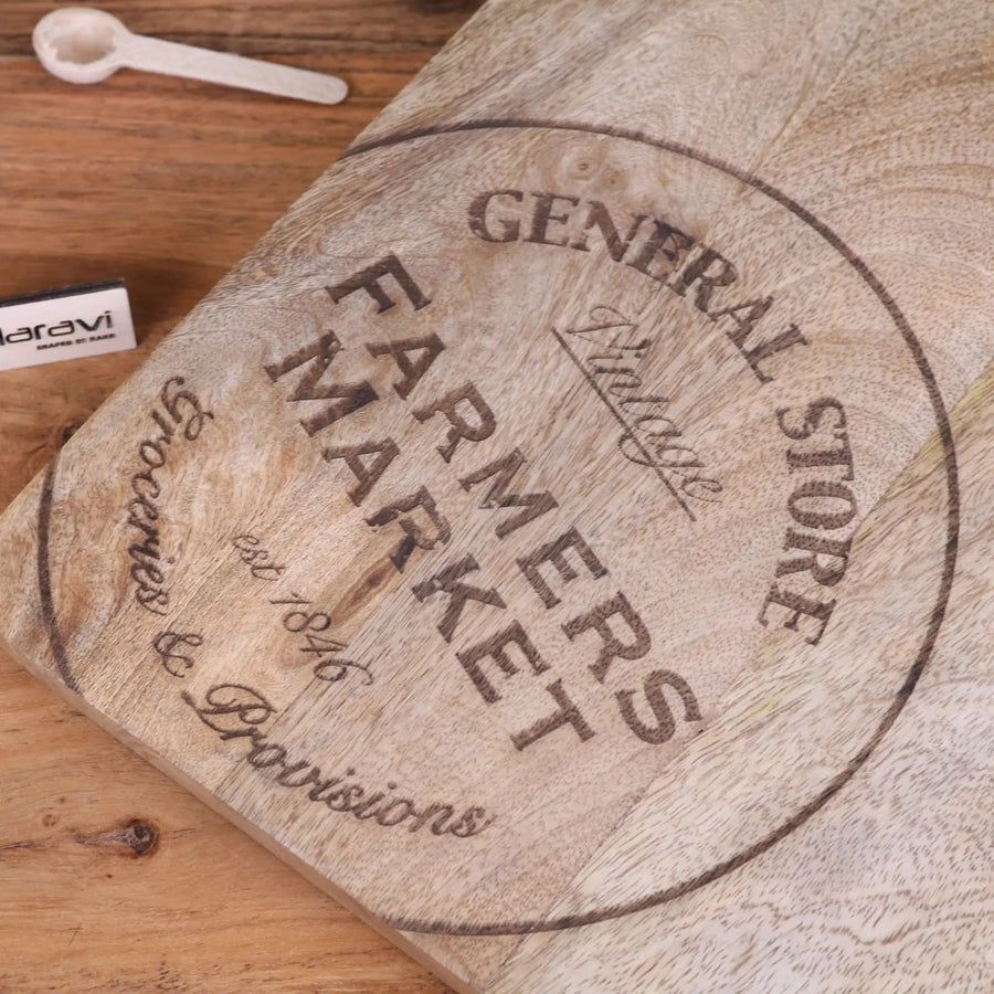Premium General Store wooden chopping board, luxury mango wood kitchen board with rustic charm, stylish serving tray, handcrafted burnt finish by Maravi at brixbailey.com