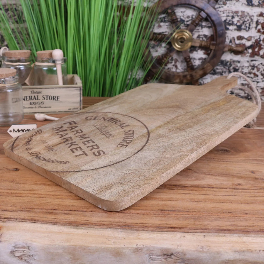 Premium General Store wooden chopping board, luxury mango wood with rustic charm, stylish serving and cutting board, handcrafted burnt finish by Maravi at brixbailey.com
