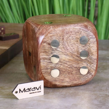 Premium Aravali large wooden dice, luxury mango wood with brass inlay dots, stylish 10cm decorative game piece by Maravi at brixbailey.com