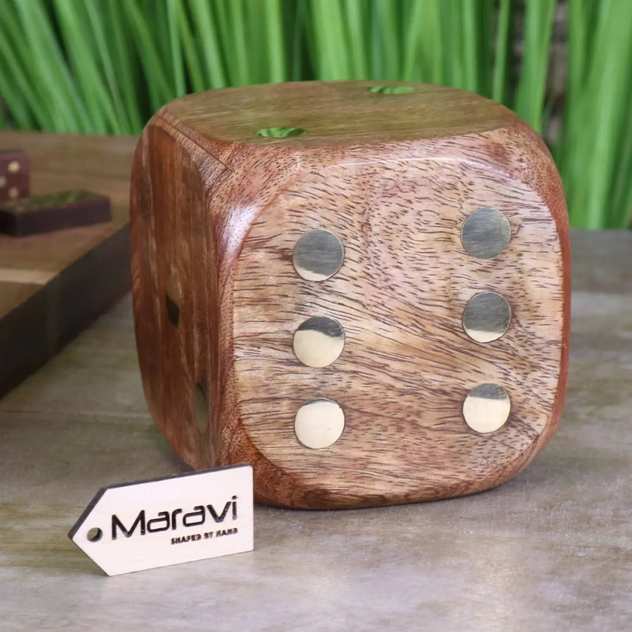 Premium Aravali large wooden dice, luxury mango wood with brass inlay dots, stylish 10cm decorative game piece by Maravi at brixbailey.com