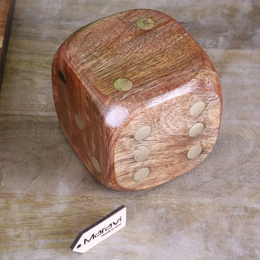 Premium Aravali large wooden dice, luxury mango wood with brass inlay, 10cm rustic game room decor, handcrafted centerpiece by Maravi at brixbailey.com
