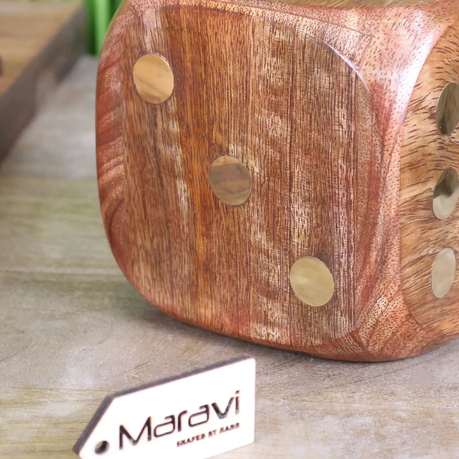 Premium Aravali Large Wooden Dice, luxury mango wood with brass inlay dots, stylish 10cm decorative game piece by Maravi at brixbailey.com
