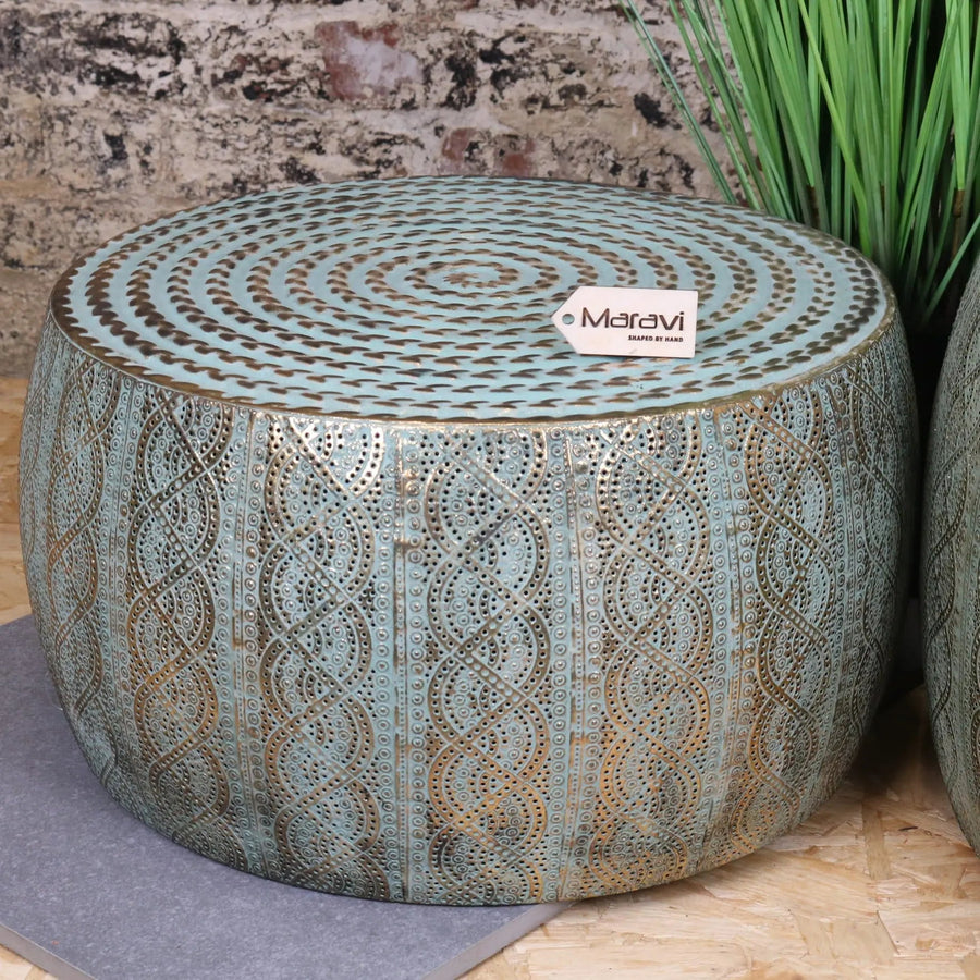 Jodai drum side table set, luxury antiqued gold metal side tables, stylish decorative home accent, best-selling elegant living room decor by Maravi at brixbailey.com
