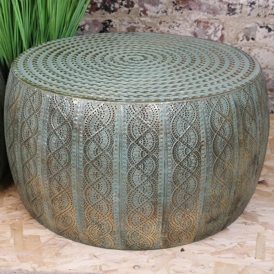 Luxury Jodai Drum Side Table Set, Antiqued Gold Verdigris Finish, Handcrafted Metal Side Tables, Stylish Home Decor by Maravi at brixbailey.com